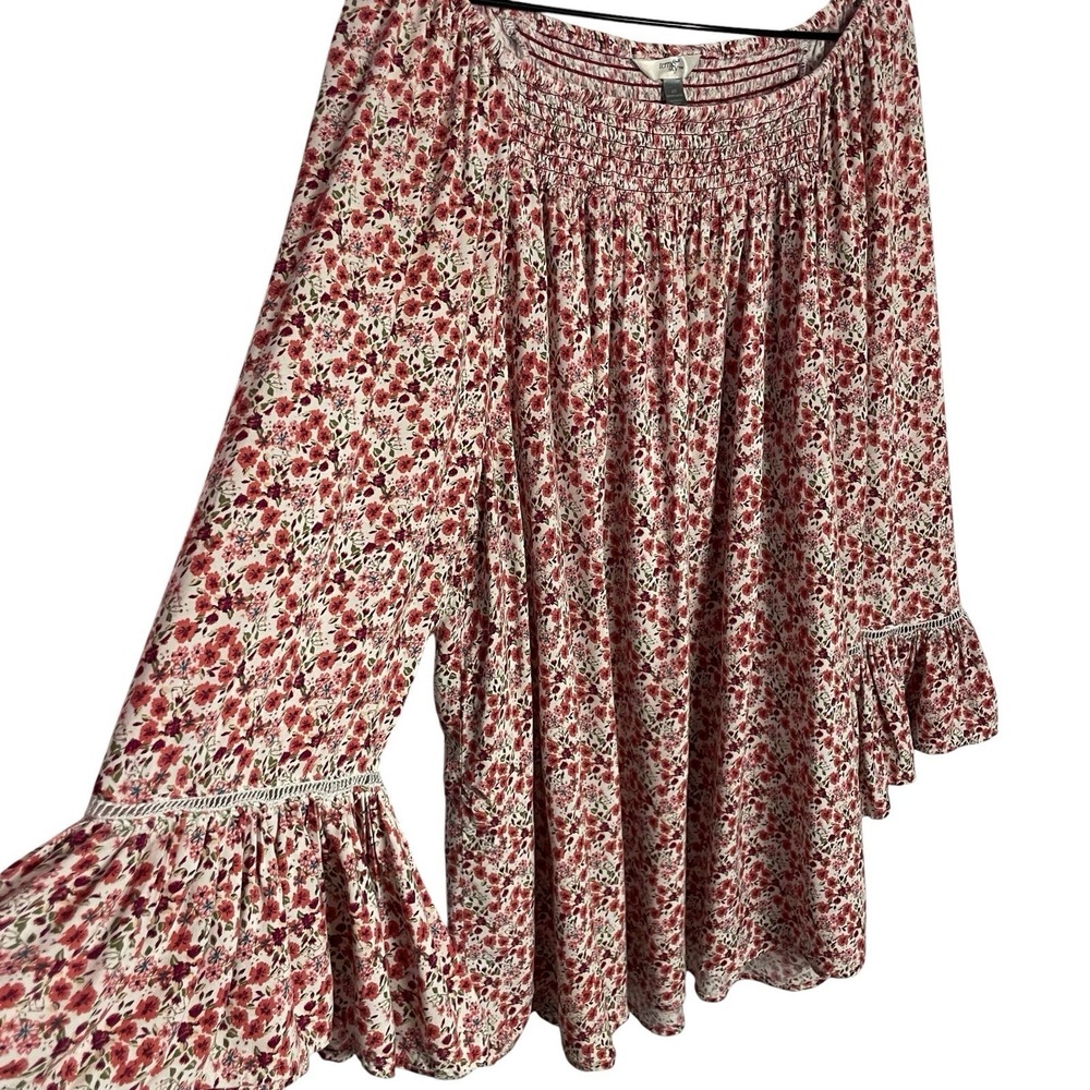 Terra & Sky Womens Off Shoulder Boho Blouse Size 2X Red Pink Floral Bell Sleeve